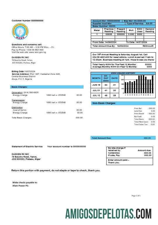 em branco Nigéria Comissão Reguladora de Eletricidade da Nigéria Modelo de conta de serviços públicos de eletricidade em formatos Word e PDF